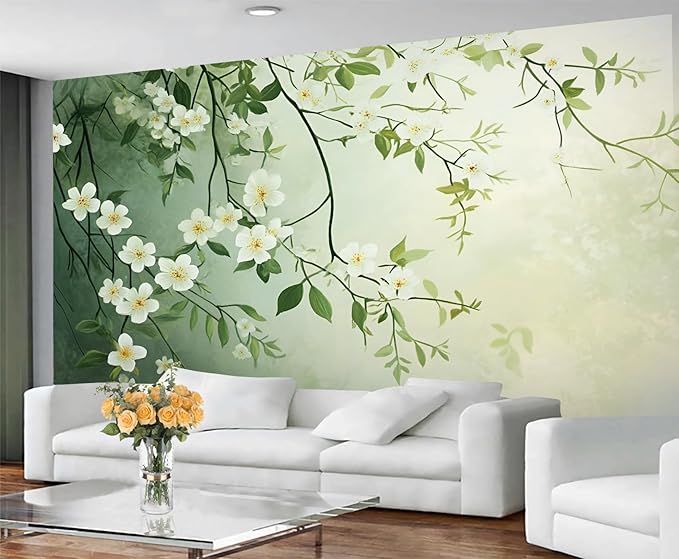 Spring Blossom Floral Wall Mural, Minimalist White Floral 3D Wall Murals, Elegant Botanical Wallpaper Mural, for Living Room Bedroom Large Wallpaper Indoor Decor 78.7" W x55.1 H