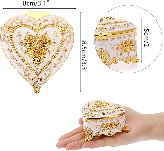 Hipiwe Vintage Metal Jewelry Box - Heart Shape Trinket Organizer Ring Box Case with Rose Pattern Jewelry Storage Box for Ring Earrings Necklace, Gift for Women