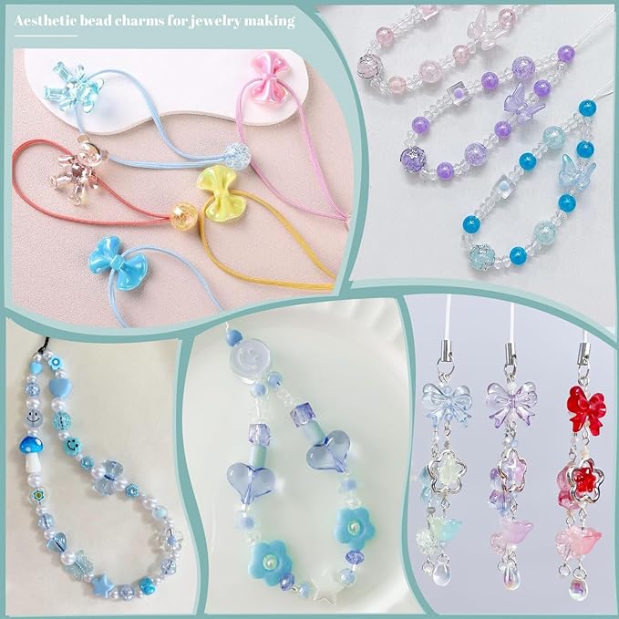 Assorted 400-450PCS Acrylic Beads for Bracelet Making, Flower Bow Candy GummyBear Kawaii Beads,Cute Bead for Jewelry Making DIY Necklace Keychain Phone Charms Christmas Gift(6 Colors)