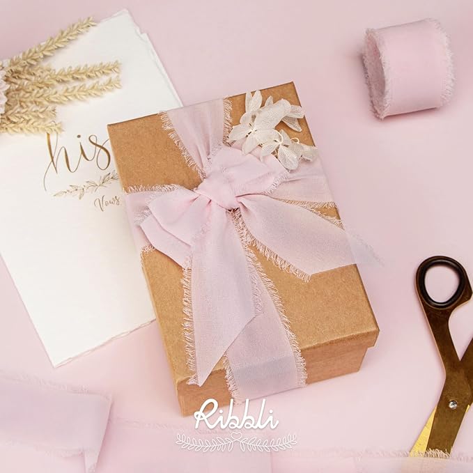 Ribbli Pale Blush Pink Chiffon Ribbon 1-1/2 inch x 20 Yard Handmade Fringe Chiffon Silk Ribbon, Pale Blush Ribbon for Wrapping, Wedding Invitations, Bridal Bouquets, Home Decor