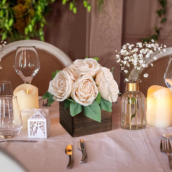 Dining Table Centerpiece Set of 6 - Pre-Made Aritifial Rose with Wooden Vase Fake Floral Arrangment Faux Flower for Wedding Bridal Tea Party Event Decorations - Champagne