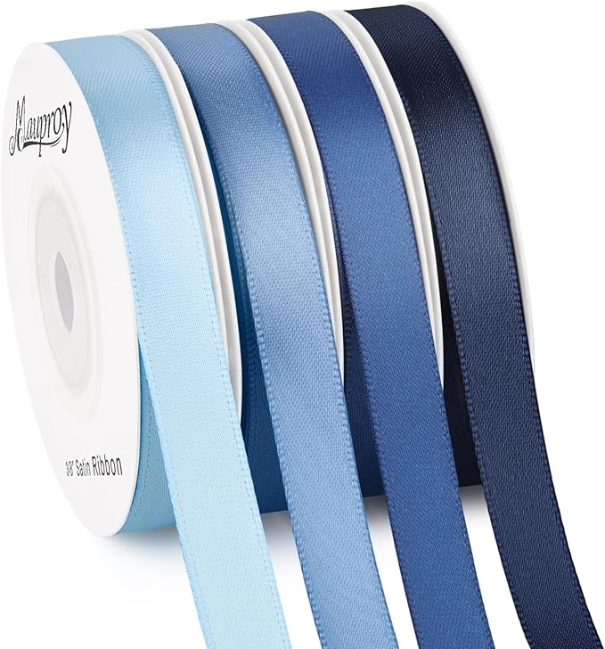 3/8 Inch Dusty Blue Satin Ribbon, 4 Rolls Total 40 Yards, Double Faced Mixed Blue Thin Fabric Ribbon for Gift Wrapping, Flower Bouquets, Crafts, Wedding Decorations