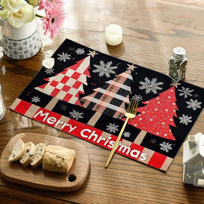 Merry Christmas Placemats Set of 4 Christmas Tree Snowflake Place Mats Washable Table Dinner Mats Linen Table Mats for Kitchen Dining Party Home Kitchen Decor 12x18 Inch
