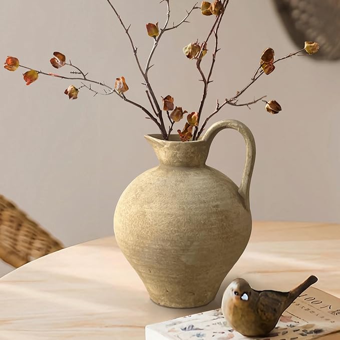 Ceramic Rustic Farmhouse Vase with Handle, 8.7 Inch Beige Vintage Vase, Rustic Ceramic Pottery for Home Decor, Farmhouse Decor Centerpiece for Kitchen, Living Room, Entryway