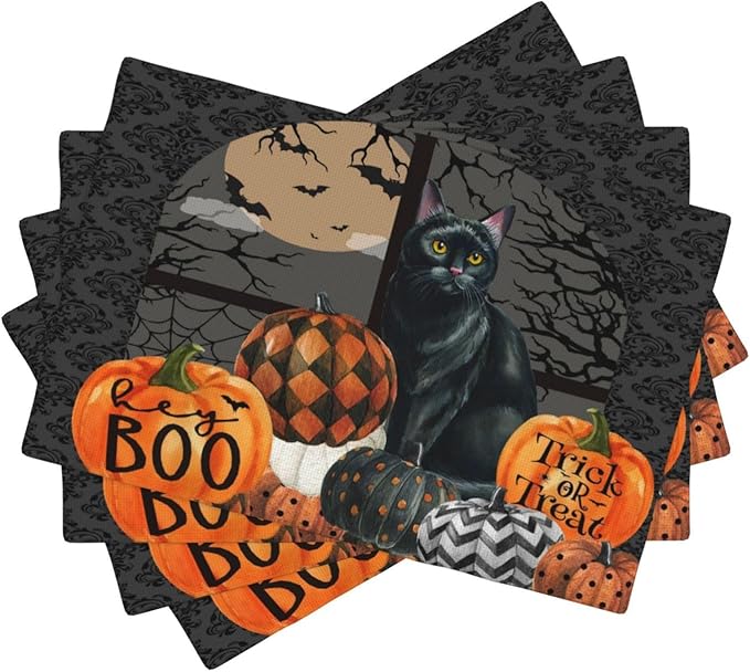 Boo Black Cat Pumpkins Halloween Placemats Gothic Dark Damask Bat Spider Web Dark Forest Funny Pumpkin Placemats Table Kitchen Dining Party 12x18 Inch Set of 4