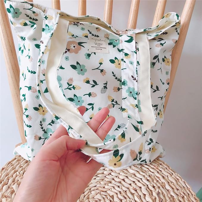 Cotton Canvas Tote Bag Reusable Soft Grocery Cloth Bag Floral Shoulder Bag for Beach Travel Shopping