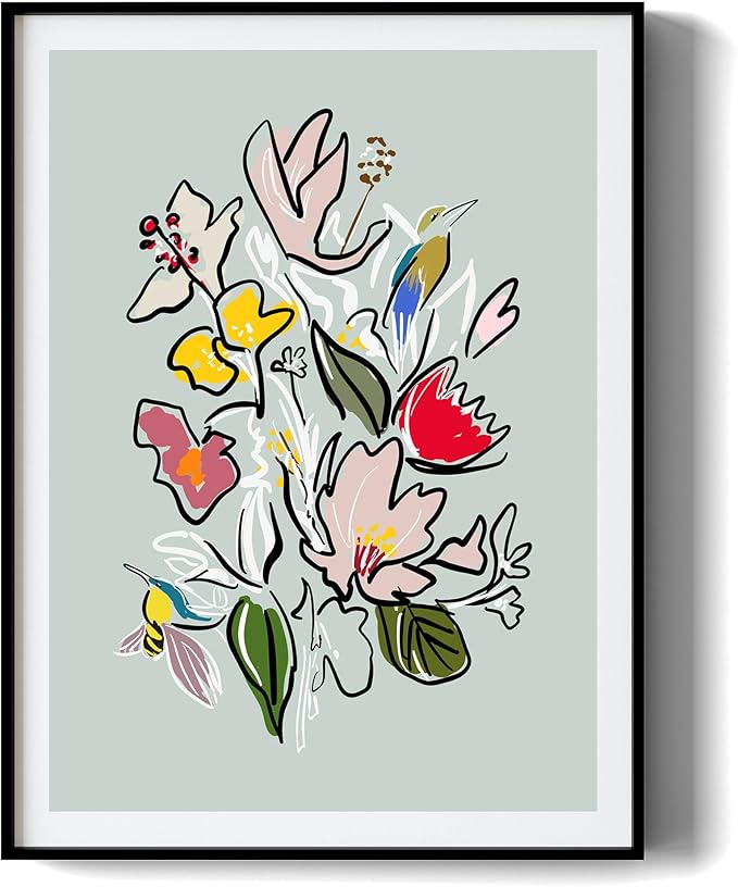 Floral Framed Wall Art for Living Room, Colorful Abstract Paintings, Botanical Poster Art, Green Flower and Bird Canvas Prints, Hummingbird Wall Decor for Bedroom Apartment Dorm Gallery, Modern floral illustration, Gifts for Friends or Family - 16" x 12"