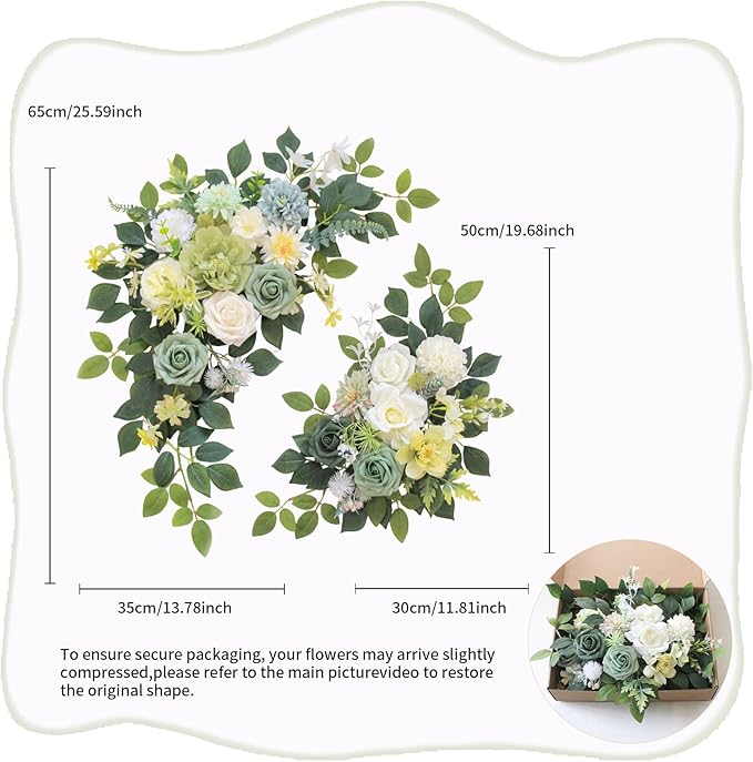 Pack of 2 Wedding Arch, Artificial Flowers, Wedding Decor，Flower Garland Be Suited to Banquet, Party, Reception Entrance Welcome Sign and Background Decoration (White Green)