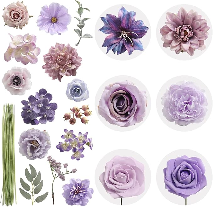 Artificial Flowers Combo Box Purple Flowers Silk Fake Roses with Stems for DIY Wedding Bridal Bouquets,Table Centerpieces,Cake Floral Arrangement,Baby Shower,Birthday Party Home Decorations