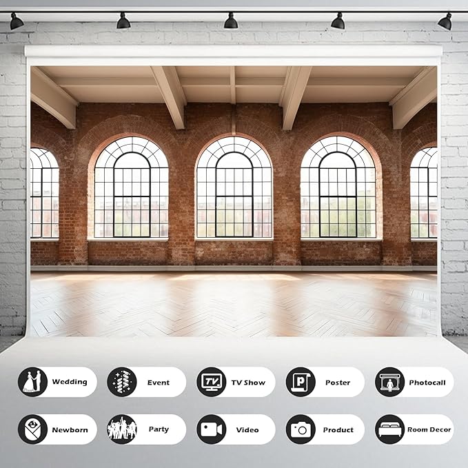 Large Empty Room Backdrop Concrete Walls Wooden Floor with Big Arched Windows Photography Background Empty Loft Style with Brick Wall Photography Decorations Photo Booth Shoot Studio Props 12x8ft