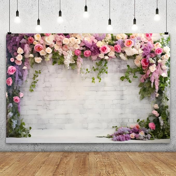 YongFoto Retro White Brick Wall Floral Arch Backdrop 10x8ft Rose Flowers Vine Leaves Photography Background Birthday Bridal Shower Wedding Party Banner Room Decor Portraits Photoshoot Wallpaper