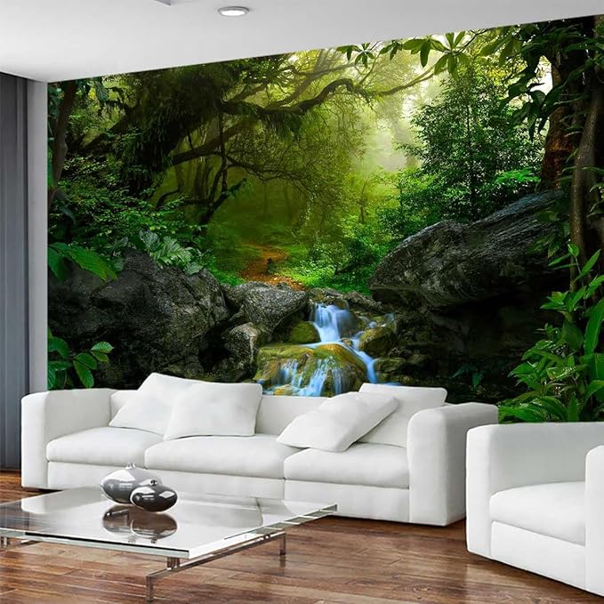 Primitive Forest Waterfall Wallpaper, Modern Large Background Wall Mural for Living Room and Plant Room(Non-self-Adhesive)
