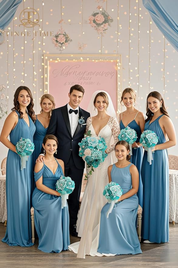 TINGE TIME 11 Inch Wedding Bouquets for Bride, Teal Green & Champagne Artificial Flowers Bouquet, Brides & Bridesmaids Bouquet for Wedding Anniversary Ceremony Bridal Shower Decorations