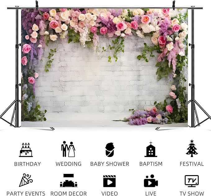 15x8ft Retro White Brick Wall Floral Backdrop Vine Leaves Rose Flowers Photography Background Bridal Shower Wedding Party Birthday Banner Decorations Adults Portrait Photo Booth Prop