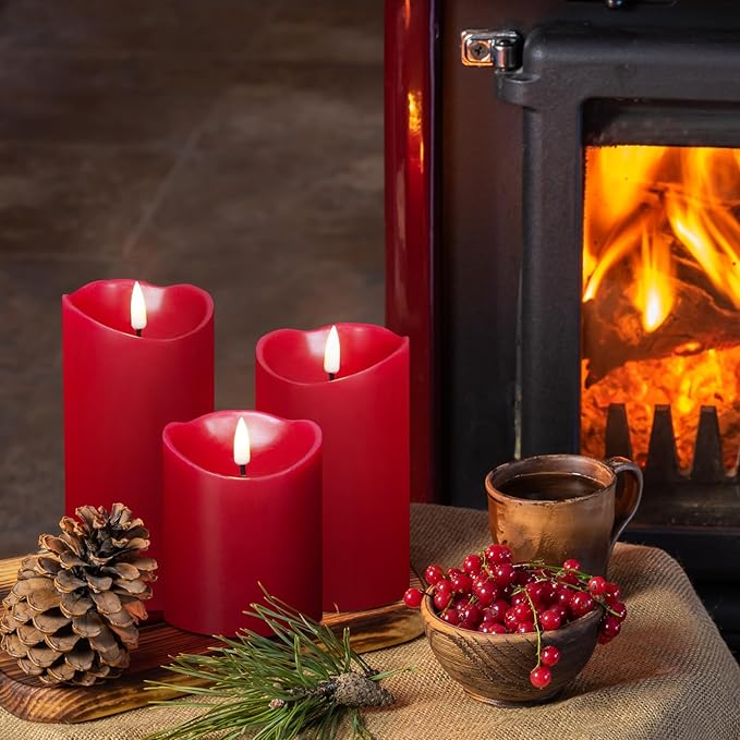 Eywamage Red Flameless LED Pillar Candles with Remote, Real Wax Flickering Christmas Candles Battery Operated Set of 3