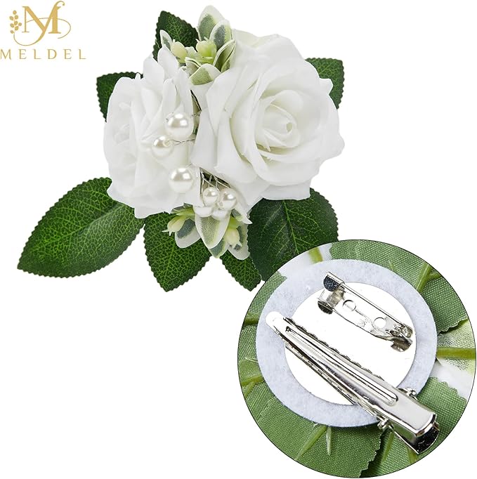 Meldel White Corsage and Boutonniere Set,Set of 2,Rose Wrist Corsage Wristlet Bracelet for Bride Bridesmaid Girls,Boutonniere for Men,Groomsmen and Groom Boutonniere for Wedding,Prom,Homecoming,Party