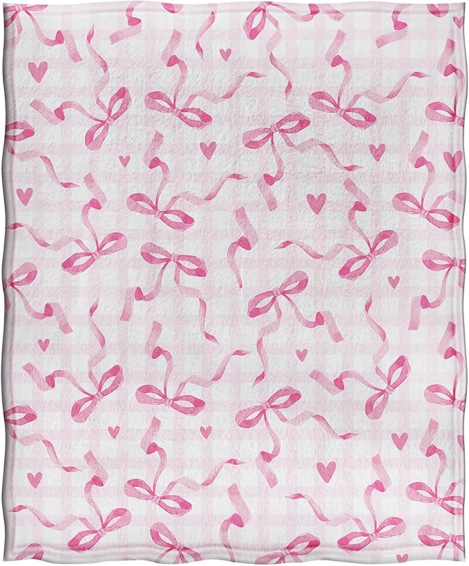 Jekeno Checkered Bow Throw Blanket Gifts for Women Girls Her, Bow Themed Birthday Party Decorations, Pink Soft Microfiber Blankets Bows Room Decor for Home Bed Couch