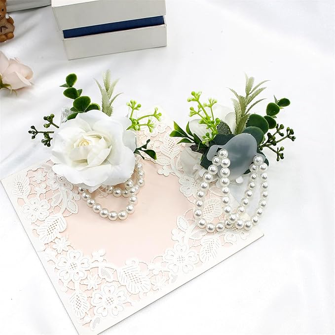 Meldel White Ivory Rose Wrist Corsage Boutonniere for Men Wedding Wrist Flower Corsage Hand Flower for Bride Bridesmaid Prom Decor Paty Girl
