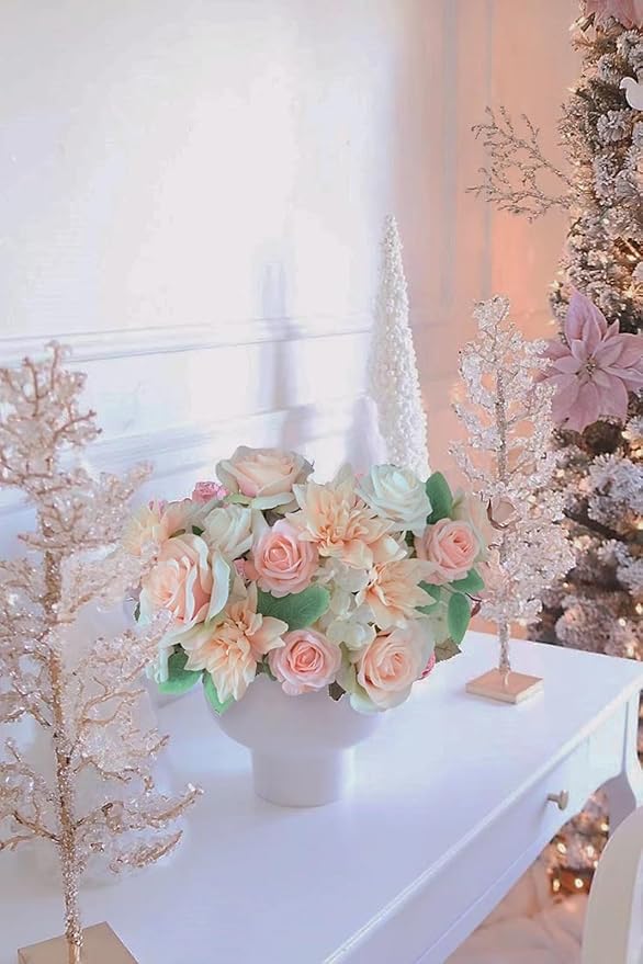 Roses Artificial Flowers Peach Bouquet Box Set Fake Flower for DIY Bridal Wedding Shower Decorations Table Centerpieces Faux Silk Floral Arrangement for Party Home Decor Indoor Pink