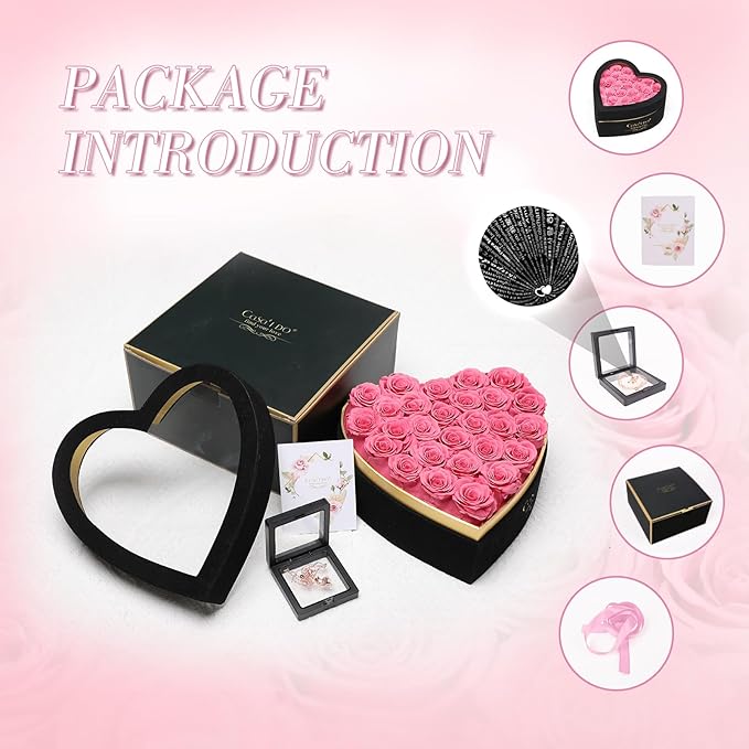 Preserved Roses Flowers for Delivery 27 Pcs, Forever Flores in Heart Box with Necklace, Eternal Rose Anniversary Birthday Gift for Women Wife Girlfriend, Rosas for Valentines Christmas, Pink