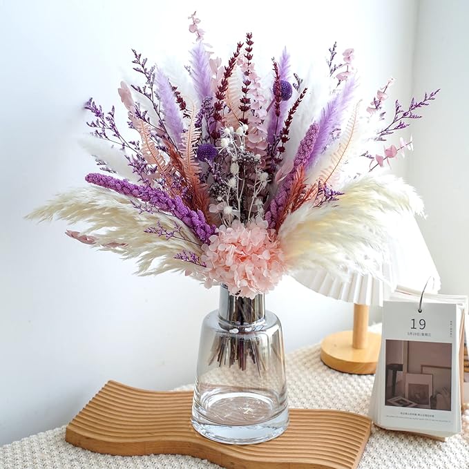 MUYEJI Natural Dried Flowers Pampas Grass Bouquet, Boho Home Table Decor, White & Purple Pampas Grass, Fluffy Dried Flower Arrangement for Table Centerpiece, Home Office Wedding Decorations