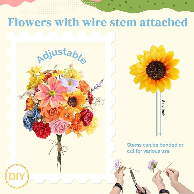 Artificial Flowers Combo Box, Fake Silk Foam Flower Mix with Wire Stem, DIY Wedding Bridal Bouquet Shower Party Home Décor (30-40 Pieces) (Rainbow)