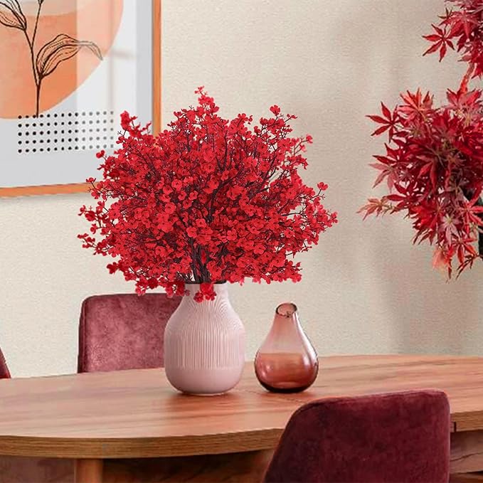 Yastouay Red Fake Flowers Artificial Flowers, 5Pcs Real Touch Silk Flowers Faux Flowers for Decorations, Babys Breath Artificial Flowers Bulk for Spring Decor Floral Arrangement