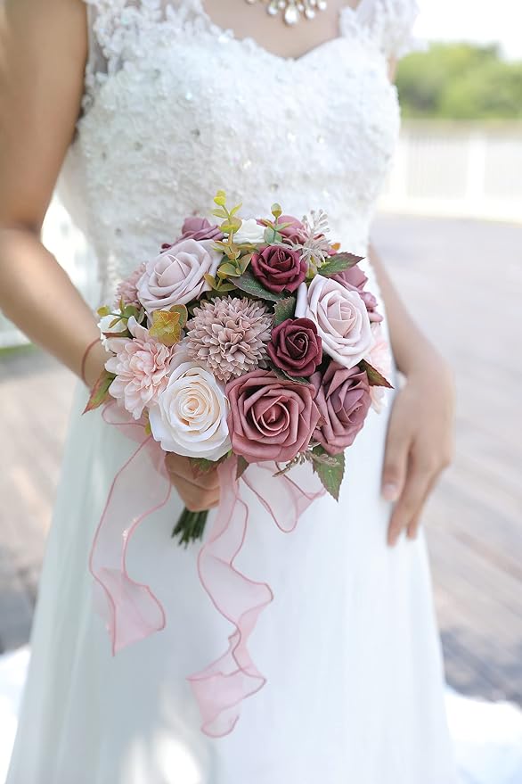 Artificial Flowers Combo Box Set Gradient Color Flower Leaf with Stems for DIY Wedding Bouquets Centerpieces Baby Shower Party Home Decorations（Pink Purple）