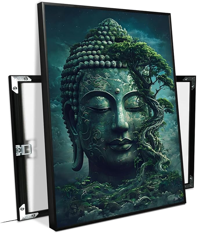 Buddha statue wall art canvas wall decor aesthetic picture mystical nature art for tranquil home and spiritual space 24x36in Metal blackFramed
