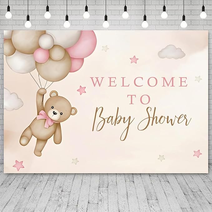 15x8ft Bear Baby Shower Backdrop Brown Pink Hot Air Balloon Photography Background Sky Cloud Star Welcome to Baby Shower Decorations Pregnancy Announcement Portrait Photo Booth Prop