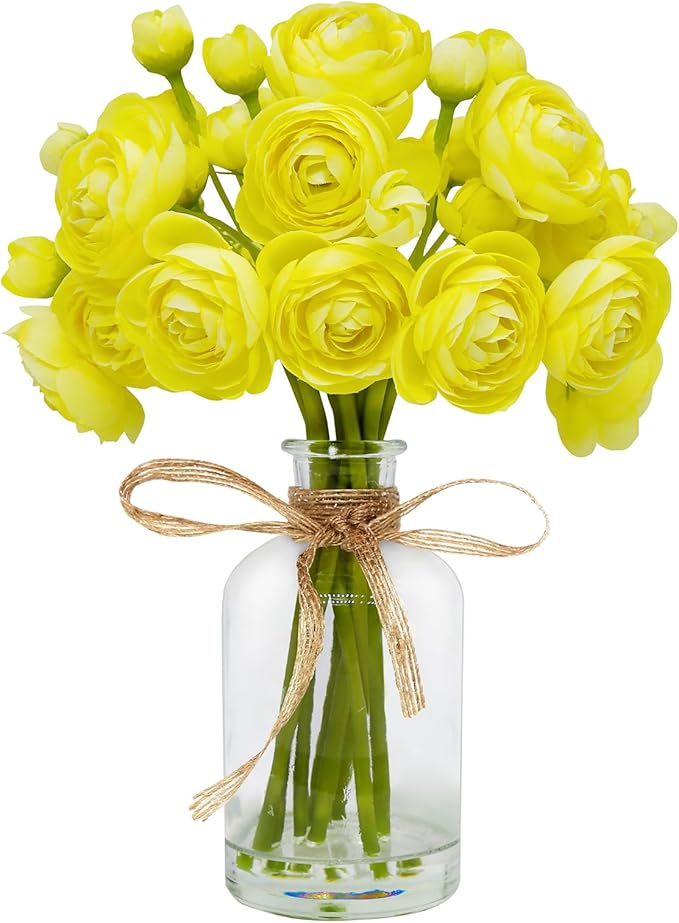 Ranunculus Artificial Flowers with Vase, 8 Pcs Faux Silk Ranunculus Flower in Vase, Small Flower Arrangements for Home Decor Indoor, Table Centerpiece. (Bright Yellow)