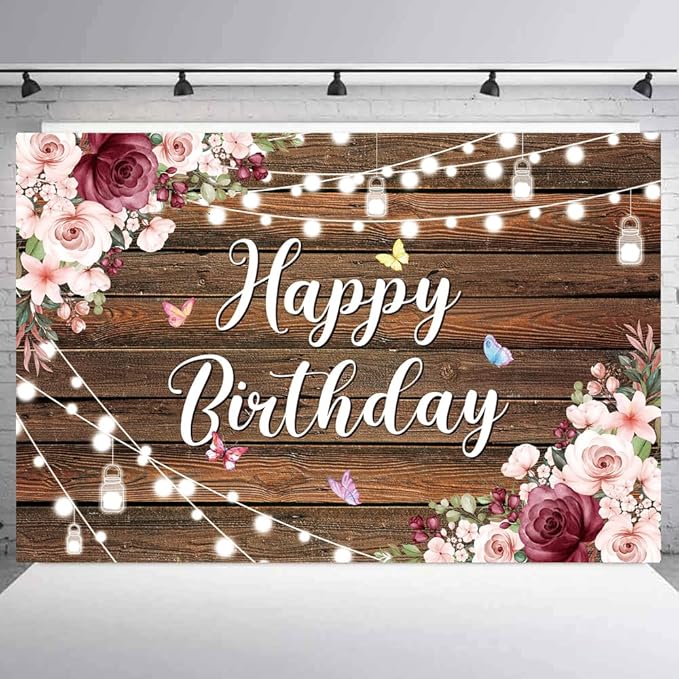 YinQin 180x120 cm Rustic Wood Flower Birthday Backdrops Photo Cloth 71x47 inch Happy Bday Photography Backgrounds Wooden Floral Butterfly Happy Birthday Sign Banner Decoration for Women Girl