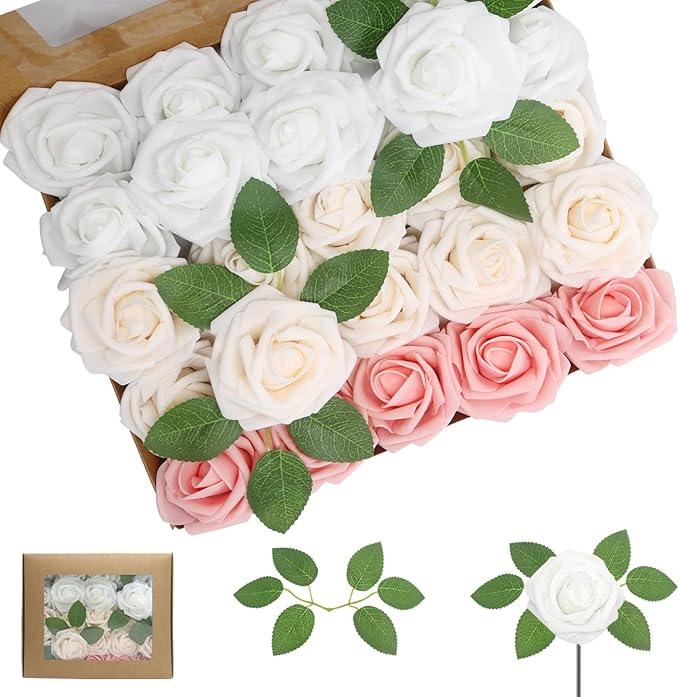 100PCS Artificial Flowers Champagne/Pink/White Roses Real Looking Foam Fake Roses with Leaves and for DIY Wedding Bouquets Bridal Shower Centerpieces Party Decorations
