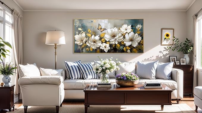 Wall Art Modern Flower Artwork Paintings White Blossom Gold Leaf Butterfly Landscape Picture wall Decor for Living Room Bedroom Kitchen 24"x48" with Framed