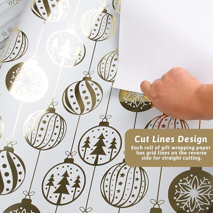 KIMOBER 4 Rolls Christmas Wrapping Paper,White Paper with Golden Metallic foil Shine Xmas Elements and Cut Lines on Reverse(30in × 144in Per Roll)
