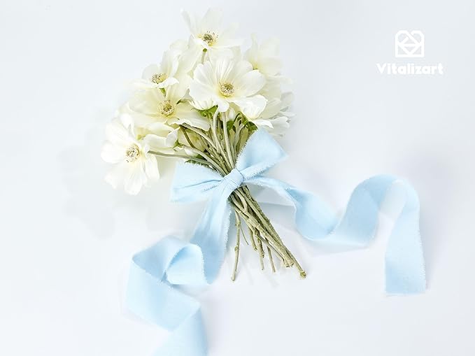 Vitalizart Baby Blue Ribbon 1-1/2" x 15 Yd 100% Cotton Handmade Frayed Fringe Fabric Ribbons for Gift Wrapping Wedding Invites Bridal Shower Bouquets Christmas Decorations