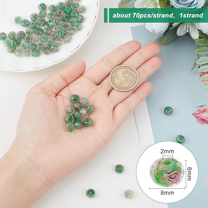 PH PandaHall 70pcs 6~8mm Green Flower Lampwork Glass Beads Rose Glass Beads Gold Sand Lampwork Bead 2mm Hole Handmade Round Loose Bead for Rosary Jewelry Craft Making