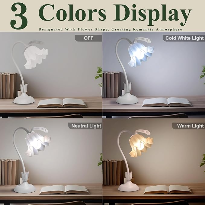 Flower Table Lamp, 3 Level Brightness Vintage Flower Reading Light with E26 Bulb, Cute Desk Lamp Bedside Lamps Lily Lamps for Nightstands Living Room Bedroom Ambient Lighting Home Decor