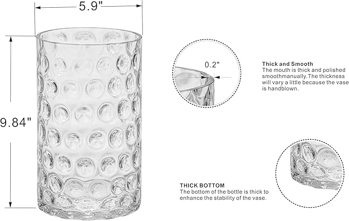 6" Wide 10" High Decorative Glass Cylinder Vase with Dimpled Circle Pattern, 8 Inch Tall, Clear (1, 6"x10")
