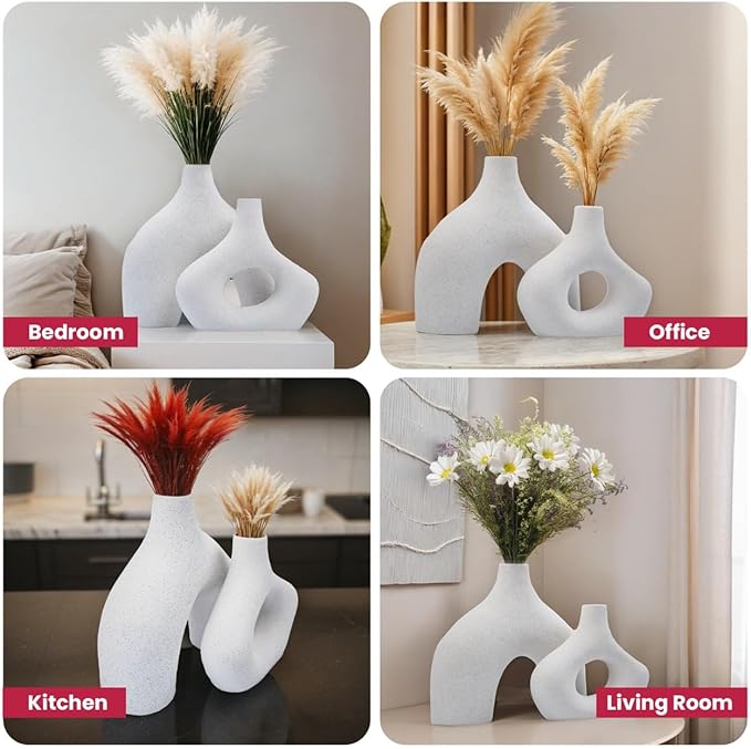 White Ceramic Vase Set of 2, Boho Vase for Home Decor, Minimalist Decor for Pampas Grass, Modern Nordic Centerpieces for Living Room, Bookshelf, Console Table, and Spring Decor