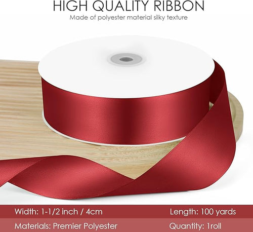 100 Yards 1-1/2 inch Satin Ribbon, Fabric Ribbon Solid Color Perfect for Gift Wrapping, Wedding, Handmade Bows, Floral Bouquets and Party Decoration(Wine red)