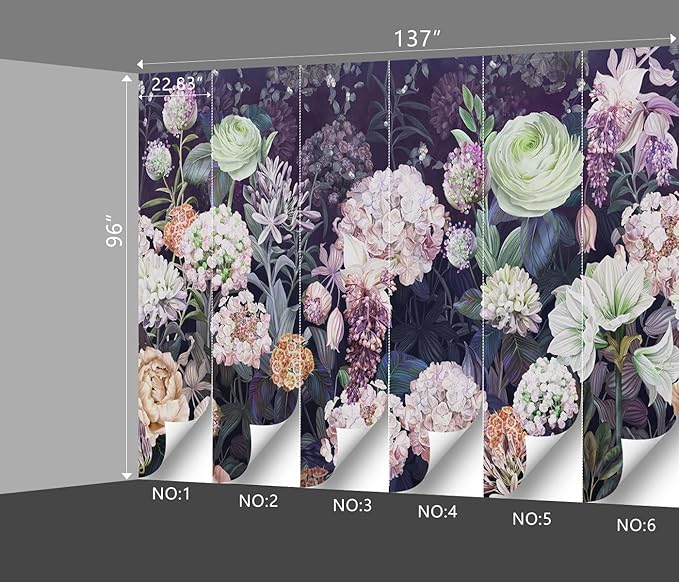Black Floral Wallpaper Bedroom Purple Botanical Flowers Leaf murals Living Room tv Background Large Wall Mural Aesthetic Room Decor - 137"x96" Not Peel and Stick