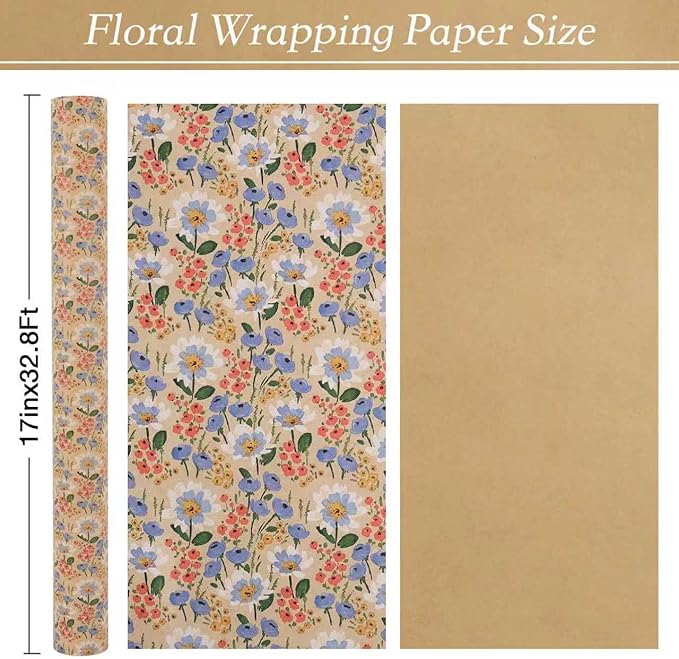 Aimyoo Watercolor Floral Kraft Wrapping Paper Roll, 17 inch x 32.8 ft All Occasion Vintage Flower Gift Wrap for Wedding Birthday Bridal Shower