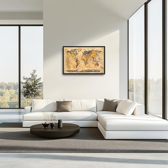 Extra Large World Map Framed Wall Art for Living Room,Oversized Vintage Map of The World Pictures Wall Decor,Canvas Print Painting Modern Artwork Bedroom Office Bathroom 36L x 24W