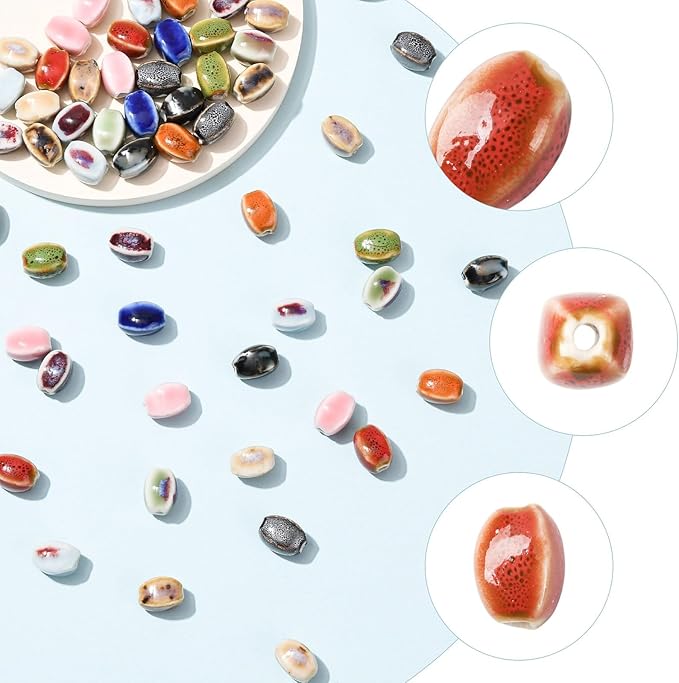 Beadthoven 52pcs Handmade Porcelain Oval Beads 13 Colors Fancy Antique Glazed Porcelain Beads Colorful Printed Oval Loose Handmade Spacers for Jewelry Making DIY Bracelet Necklace Earrings Crafting