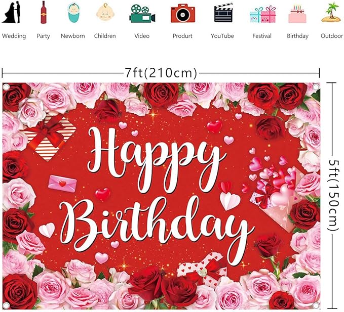 Rose Happy Birthday Backdrop for Women Red Pink Floral Birthday Photography Background Girl Flower Party Decorations Banner Booth Props (7x5FT(82 x 59 inch))