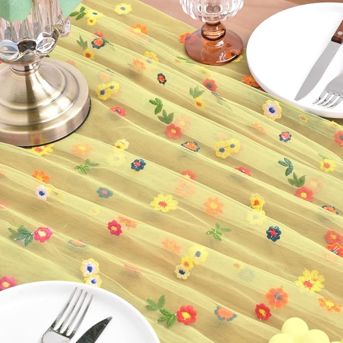 Joanlody 3pcs Yellow Embroidery Daisy Christmas Table Runner Florals Seasonal Tulle Table Runner Holiday Kitchen Dining Table Decoration Wedding Party