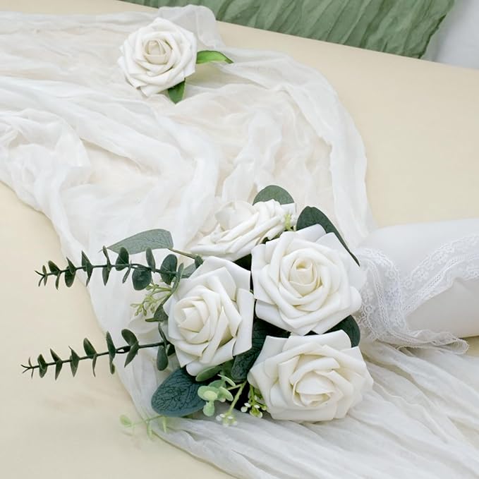 Artificial Flowers, 100pcs Artificial Rose for DIY Bouquets Arrangement, Sand White Rose Flowers Foam Fake with Stems for Wedding Shower Party Tables Home Decorations