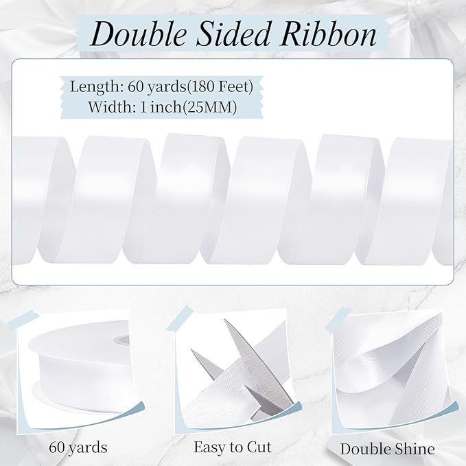 White Ribbon 1 inch 60 Yards Double Faced White Satin Ribbon for Crafts DIY Hair Chair Cheer Bows Gift Wrapping Christmas Bedroom Decor Flower Bouquet Wedding Invitation