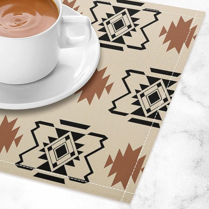 Aztec Placemats Set of 4 Boho Abstract Pattern Geometric Art Printed Dining Table Mats for Restaurant Home Kitchen Holiday Decor 12x18in